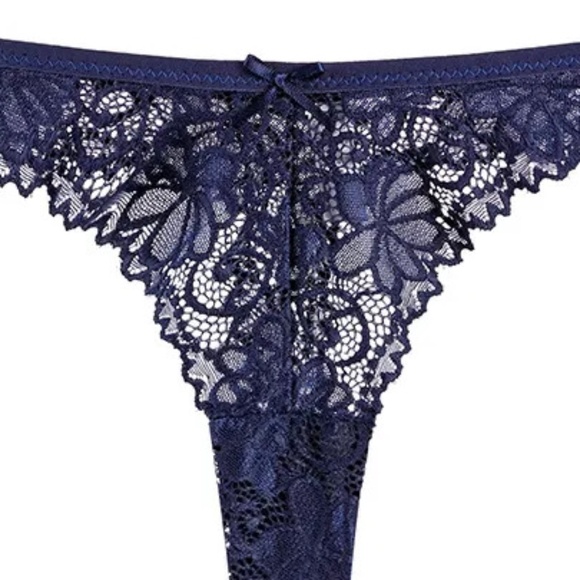 3/$15 Sexy Navy Blue Floral Lace Thong Low Waist Panties Underwear Lingerie Bow - Picture 7 of 9
